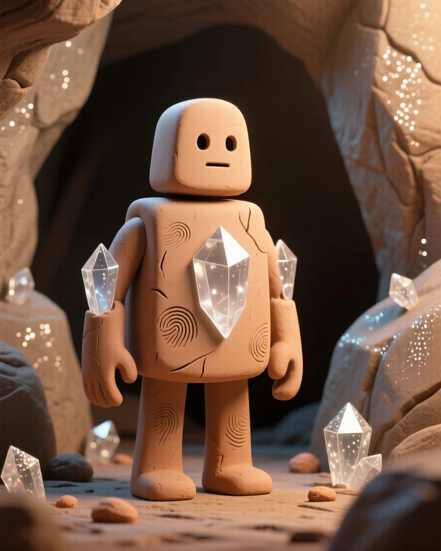 A crystal golem standing silently in a glittering underground cave