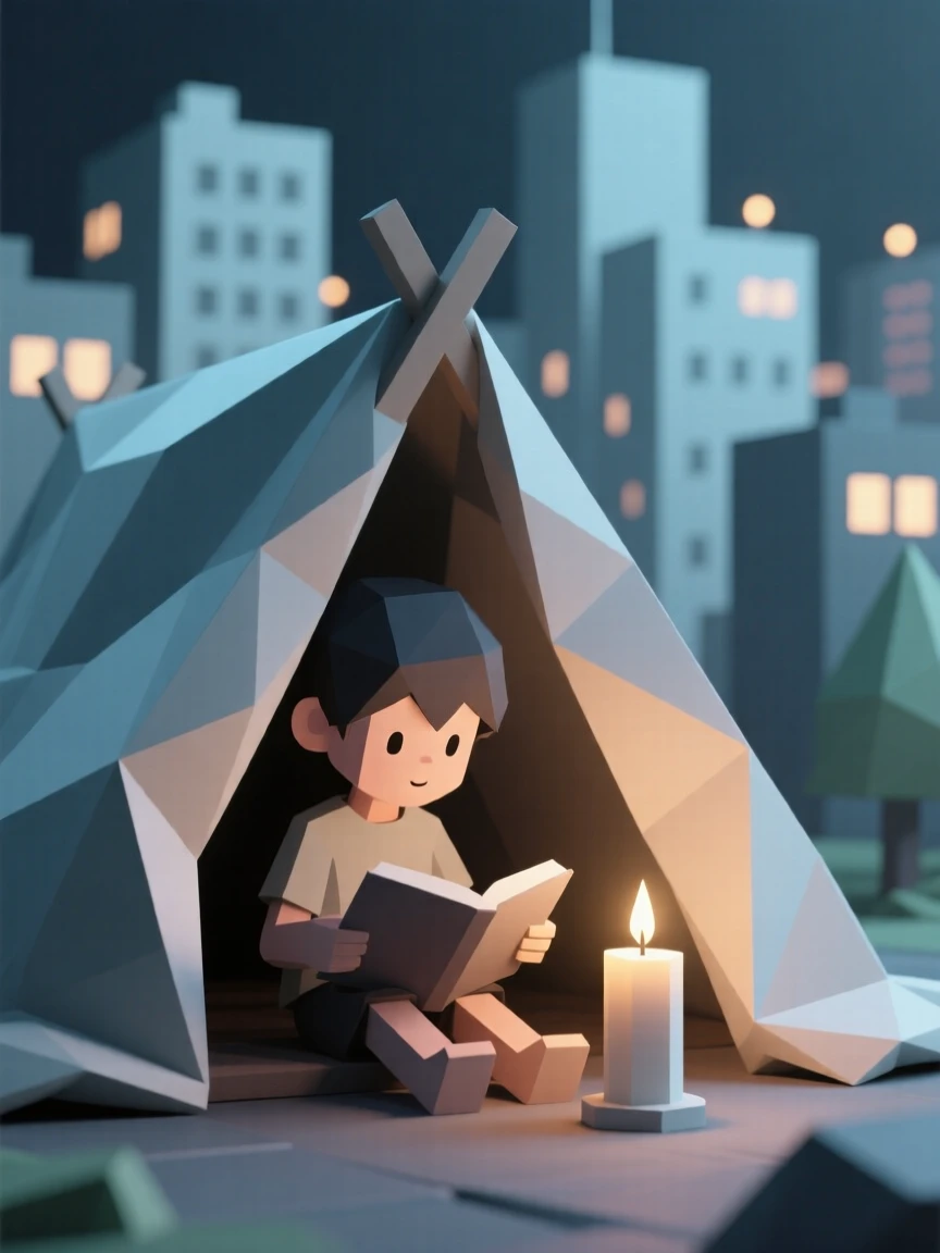 A child reading by candlelight under a blanket fort, against a backdrop of city lights. a shallow depth of field keeps focus on the subject's face. The mood feels tender and heartfelt.
