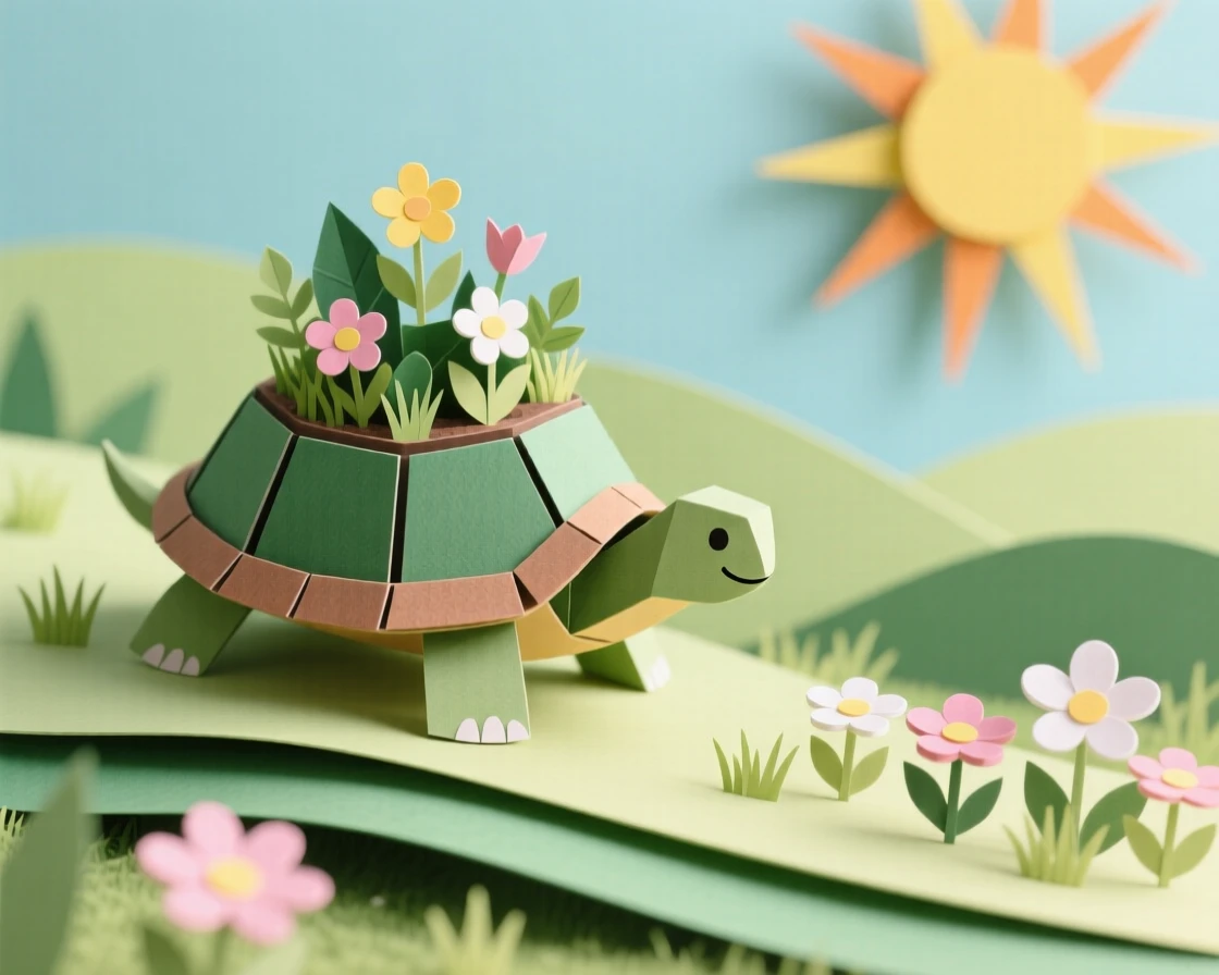 A tiny turtle with a garden growing on its shell, slowly making its way across a sunlit meadow, tiny flowers blooming along its path, evoking gentle wonder.