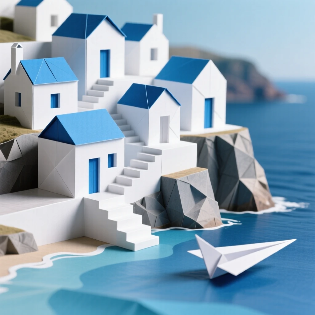 A traditional Greek village of white and blue houses cascading down a cliffside to the sea.