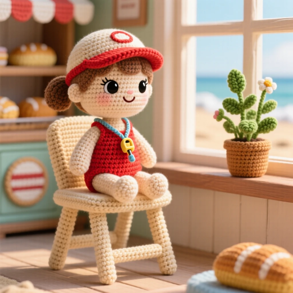 a small girl beach lifeguard, with a red swimsuit and a whistle, watching over the shoreline from a tall chair, in a warm village bakery filled with morning light, with a potted herb garden on the sill nearby, conveying gentle pride in a job done with care.