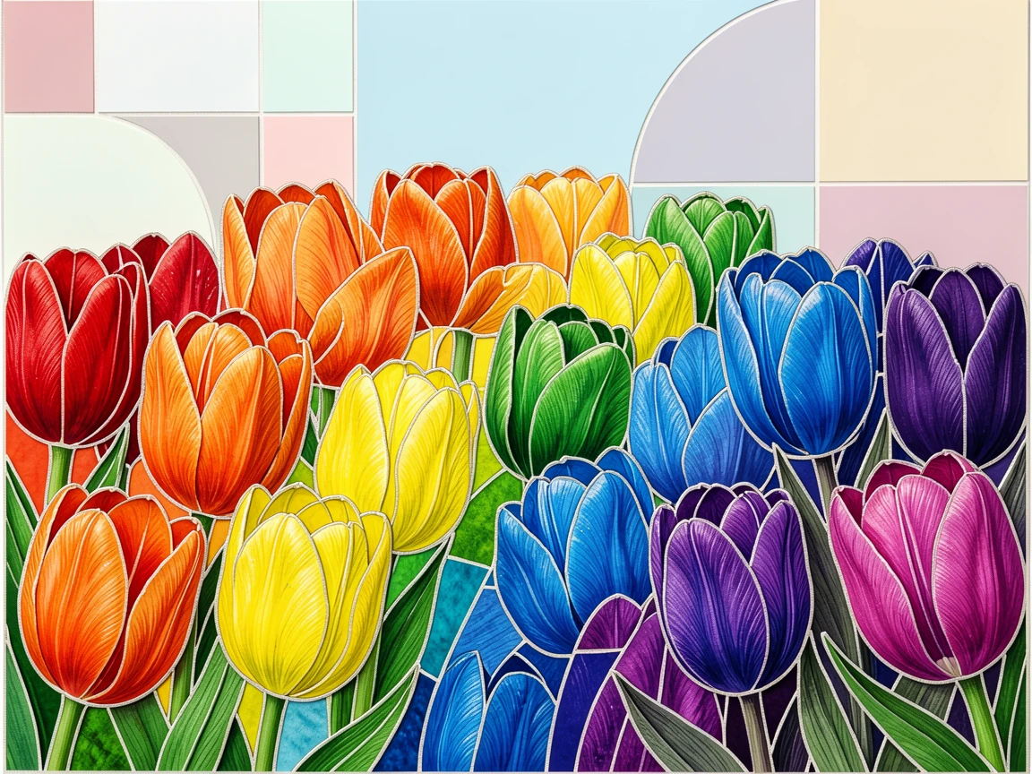 A close-up macro view of a bed of tulips arranged in vibrant rainbow stripes, showing intricate petal texture and delicate detail.