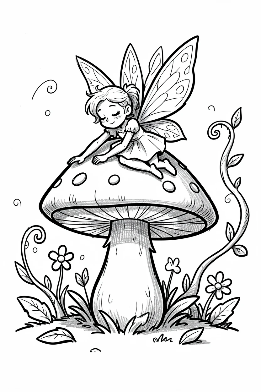 A tiny fairy resting on a mushroom in an enchanted forest clearing.