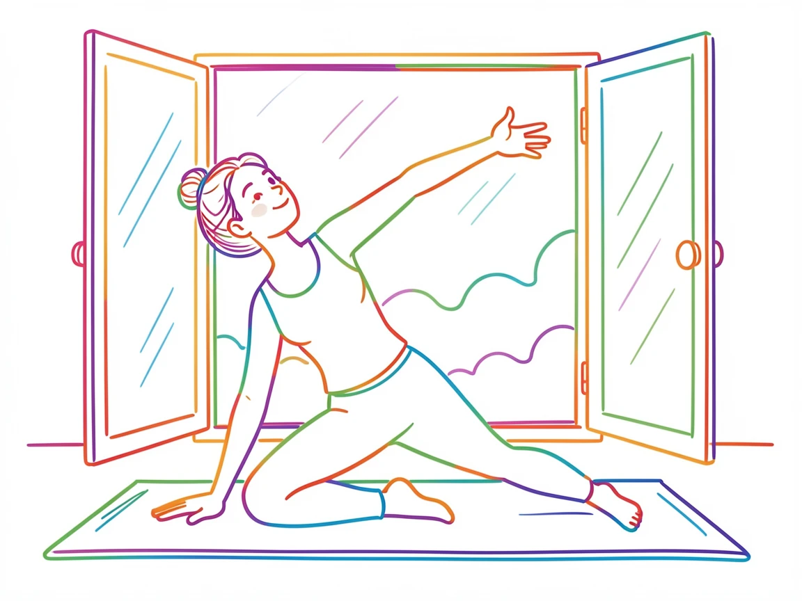 A person doing morning yoga on a mat in front of an open window.
