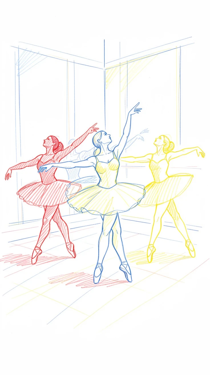A group of dancers rehearsing gracefully in a mirrored studio