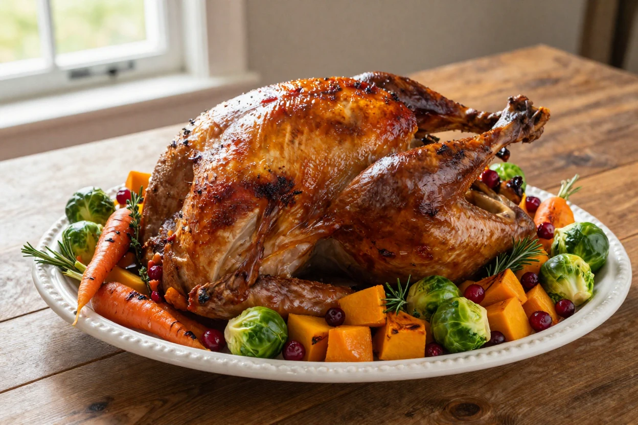 A whole roasted turkey surrounded by seasonal vegetables