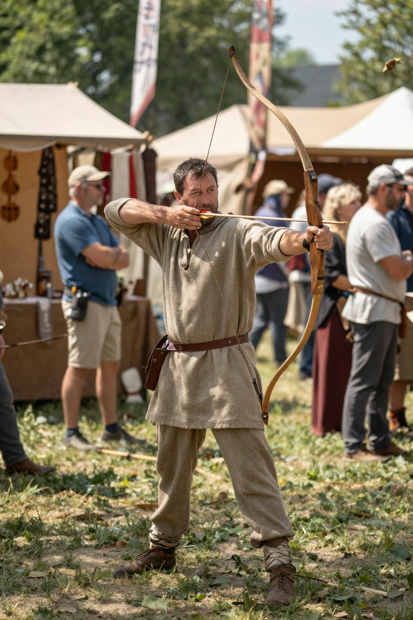 A traditional archer draws a longbow at a historical festival demonstration.