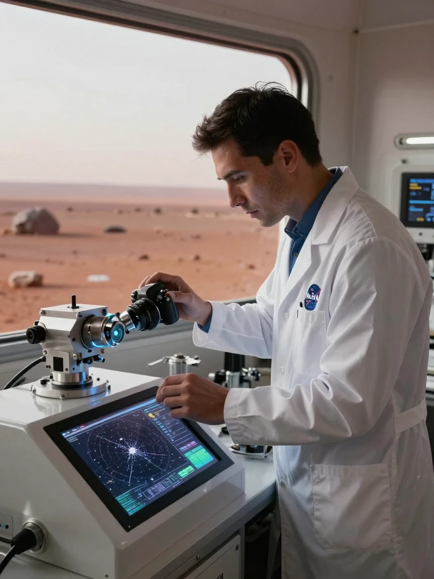 A young astronomer testing new technology in a sterile lab on the dusty surface of Mars