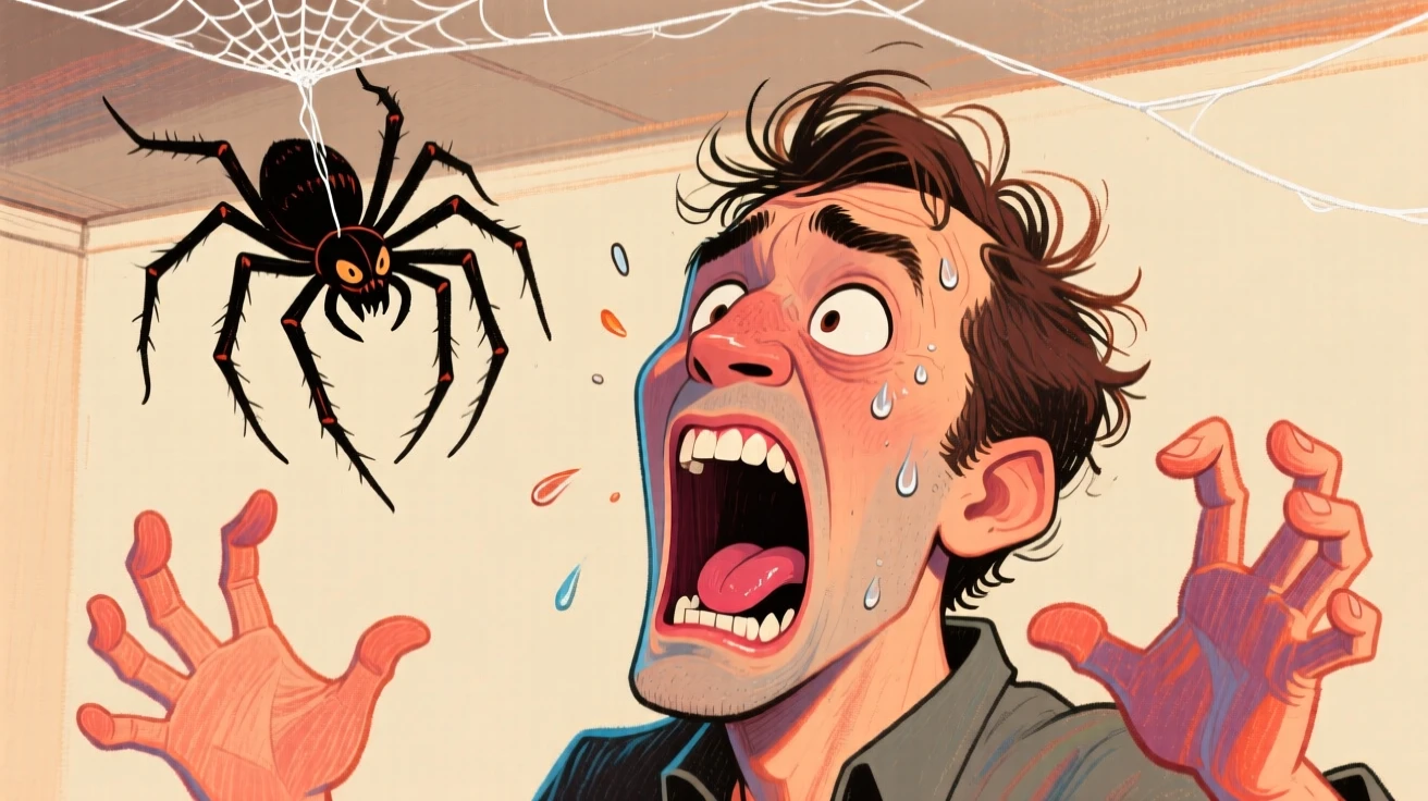 A man caught mid-scream as a spider drops from the ceiling.