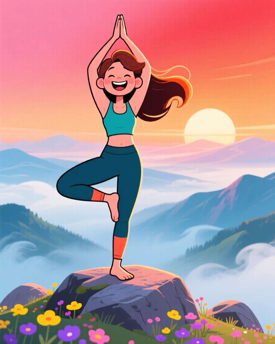 An aspirational lifestyle scene of a woman practicing yoga on a serene mountaintop at sunrise, valley mist below her.
