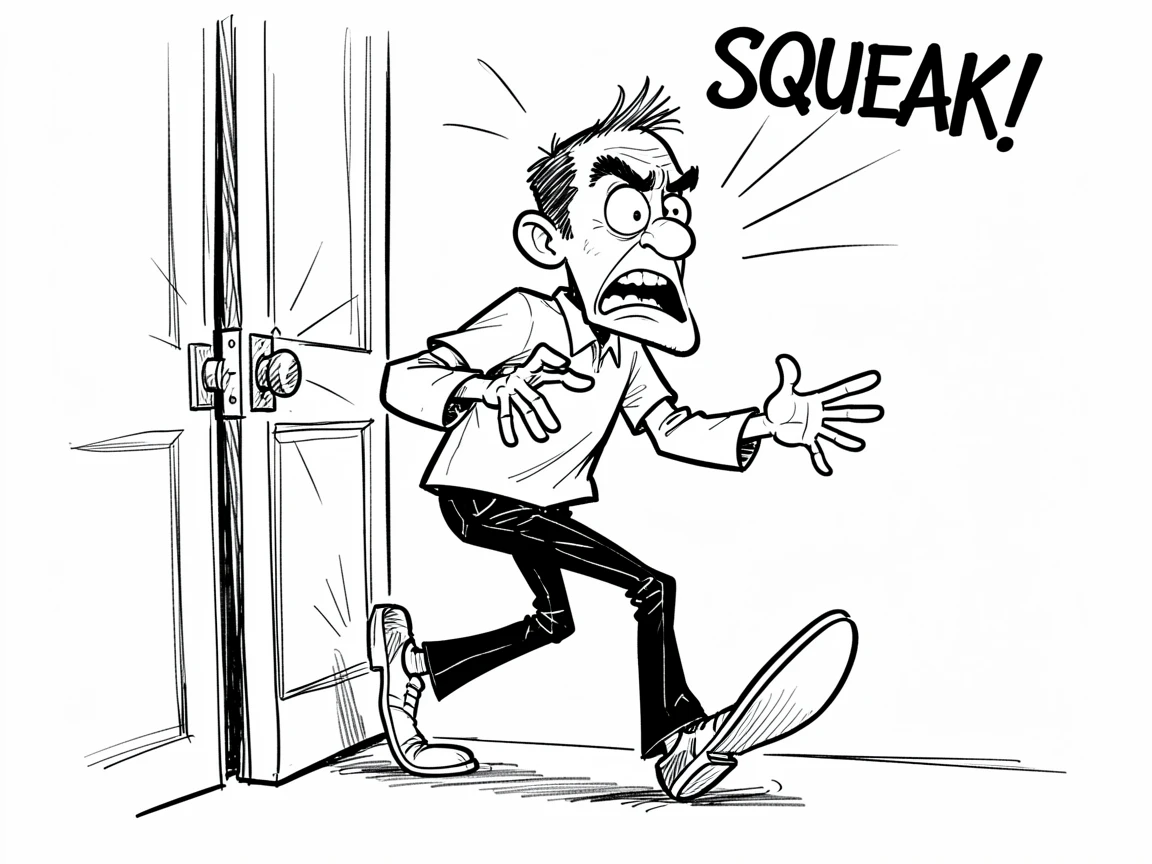 [Funny & Exaggerated Situations] Comical scene of a man trying to sneak past a squeaky door in exaggerated tiptoe, exaggerated for maximum laughs