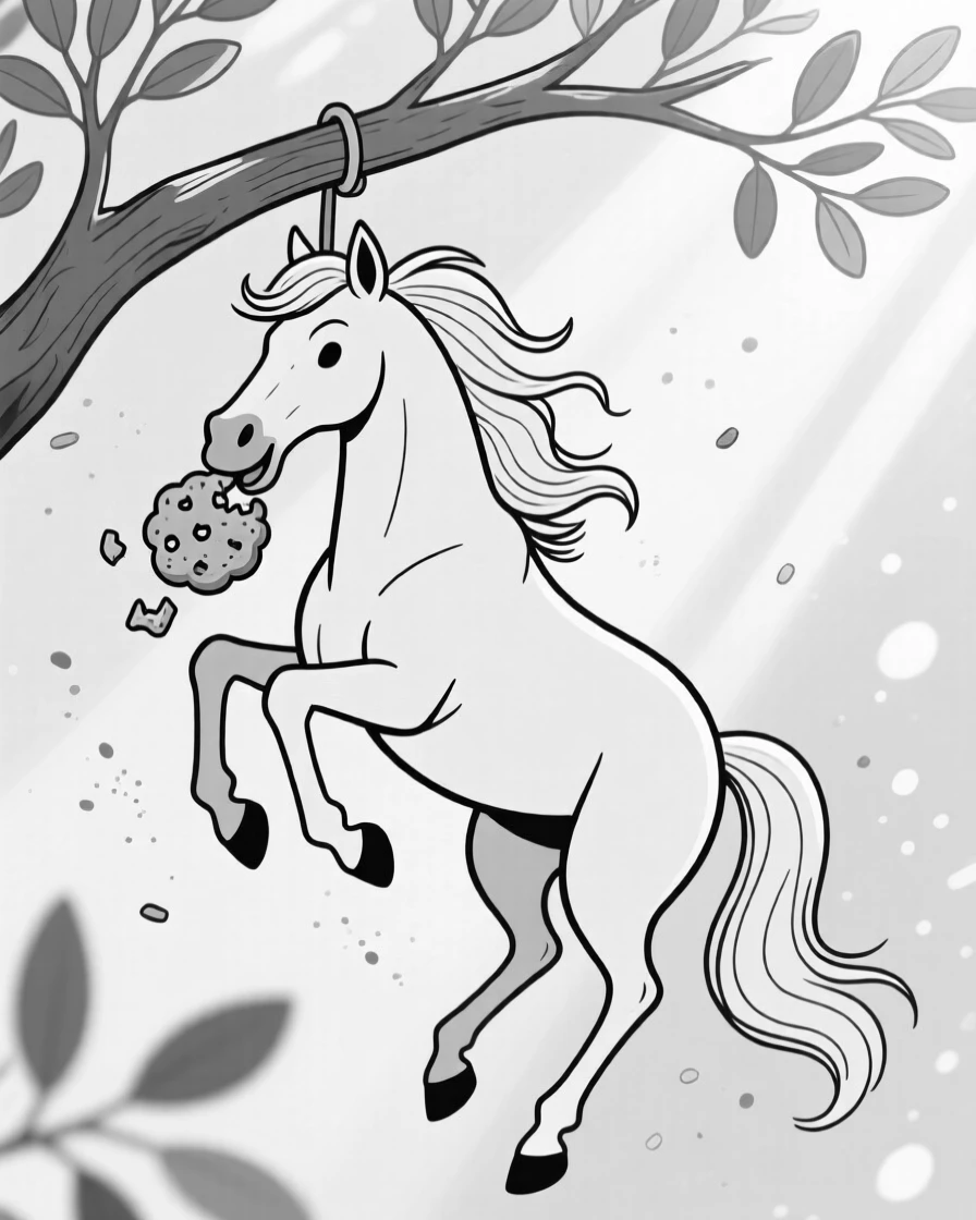 A majestic horse tossing its mane dramatically, clutching a stolen snack triumphantly, set hanging from a eucalyptus branch. Dust motes float in a beam of afternoon sun. It's an irresistibly charming slice of animal personality.