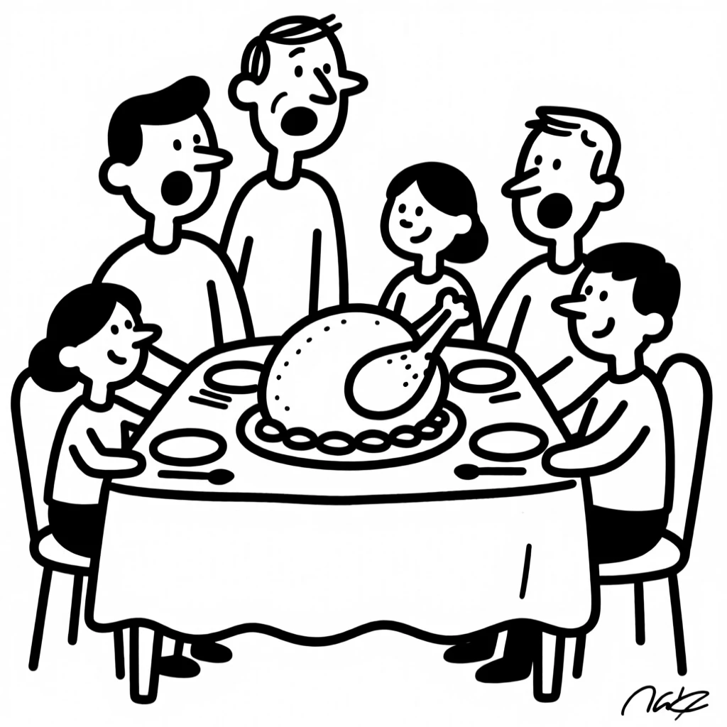 A family gathered around a Thanksgiving table with a giant roasted turkey as centerpiece.