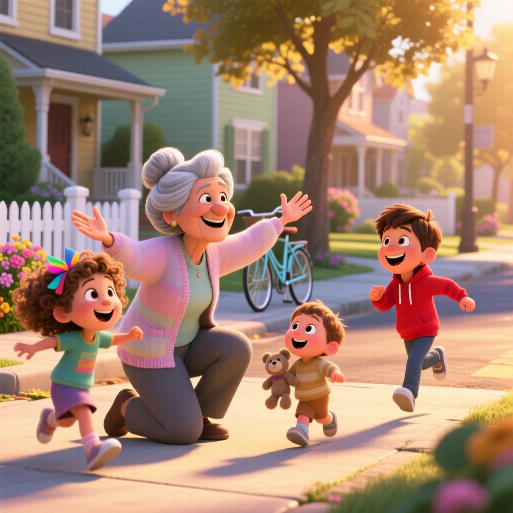 A grandmother reuniting with her grandchildren unfolds on a quiet neighborhood street at golden hour, with everyone's laughter filling the air. The atmosphere glows with gratitude and delight.