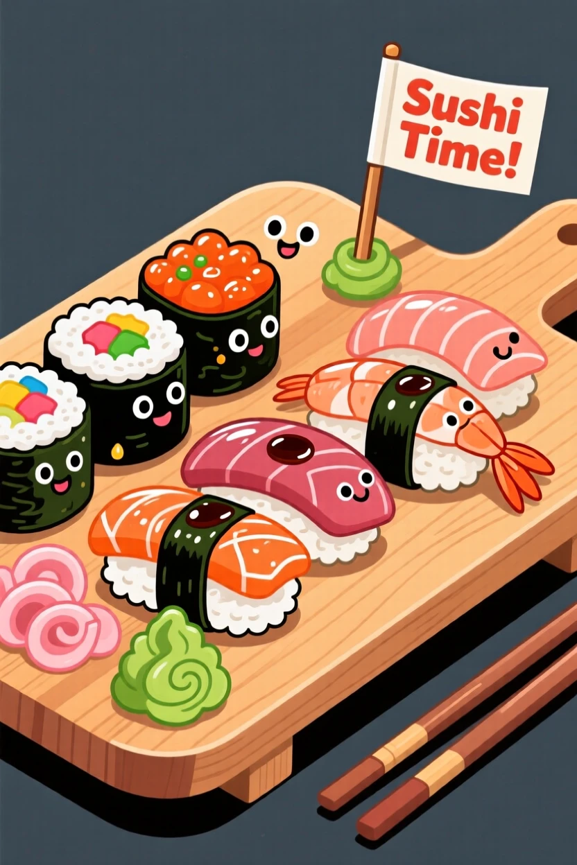 A sushi platter arranged beautifully on a wooden board.
