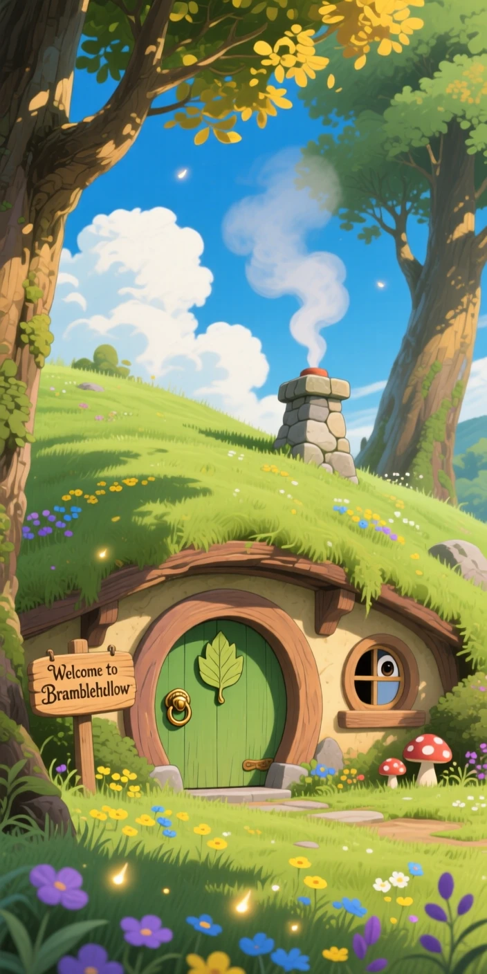 A charming view of a hobbit-like earthen home built into a grassy hillside, framed by tall trees and drifting clouds.