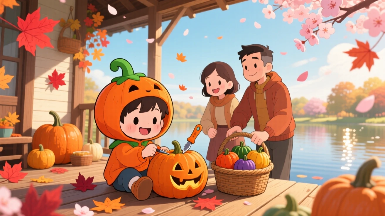 A little boy in a pumpkin costume carving a jack-o'-lantern with his family in a cozy autumn porch as cherry blossom petals drift on the breeze; shimmering reflected light off water washes over the scene as quiet contentment fills the moment. Low-angle shot looking up.