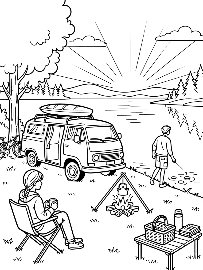 A camper van parked beside a lake at dawn, with a warm golden light bathing the scene.