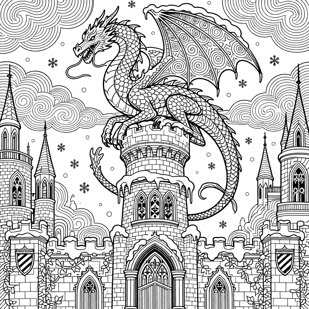 A dragon perched atop a snowy castle spire at winter's dusk.