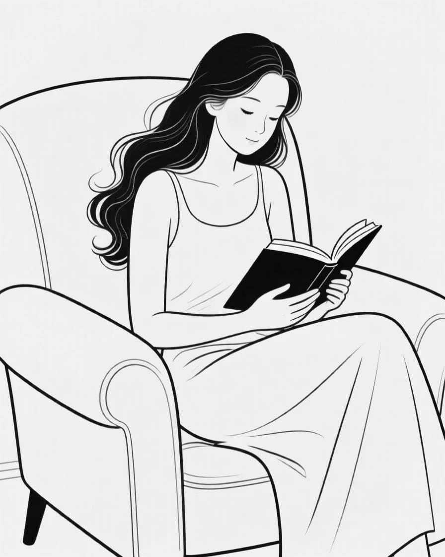 A woman reading a book curled up in an armchair