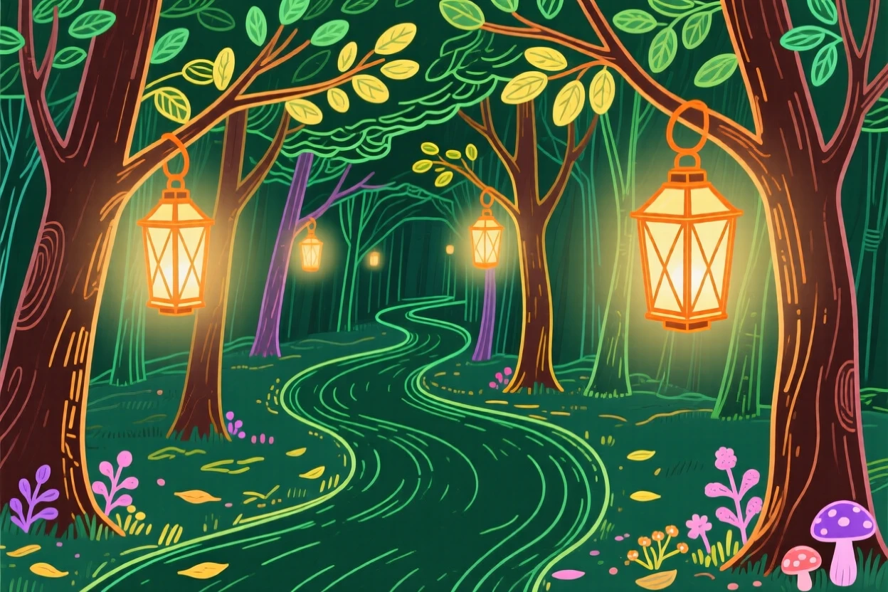 A magical forest path lined with glowing lanterns.