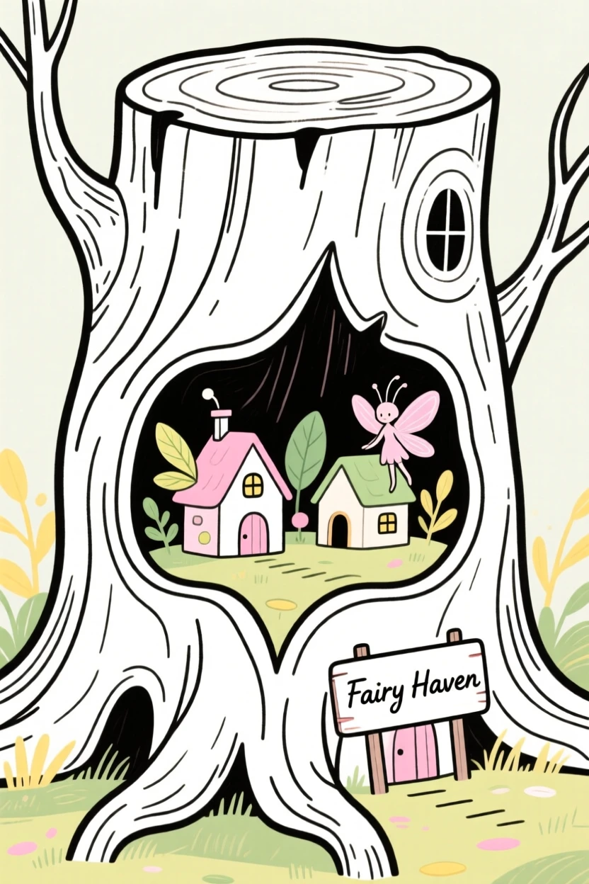 A tiny fairy village built inside a hollowed-out tree stump.