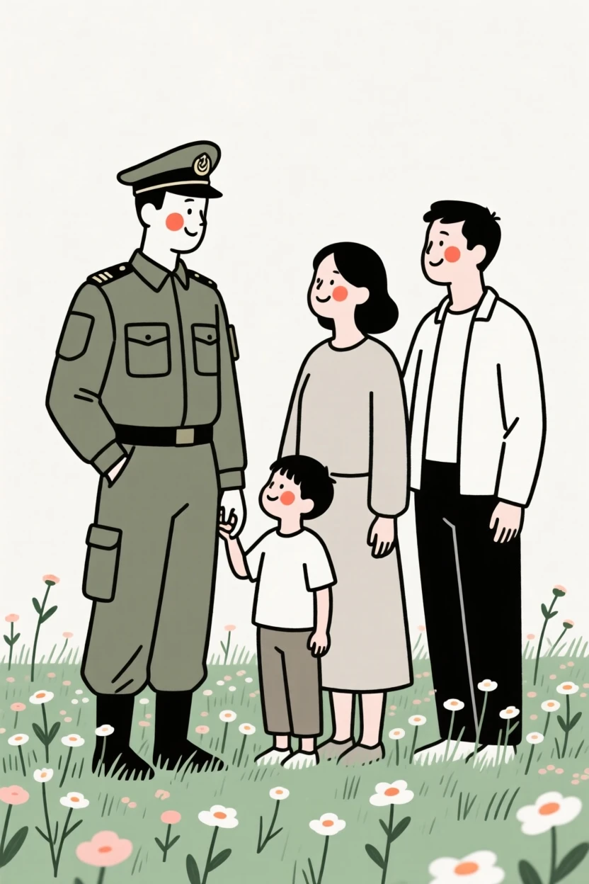 A soldier of iranian heritage reuniting with family, smiling shyly, in a field of wildflowers.