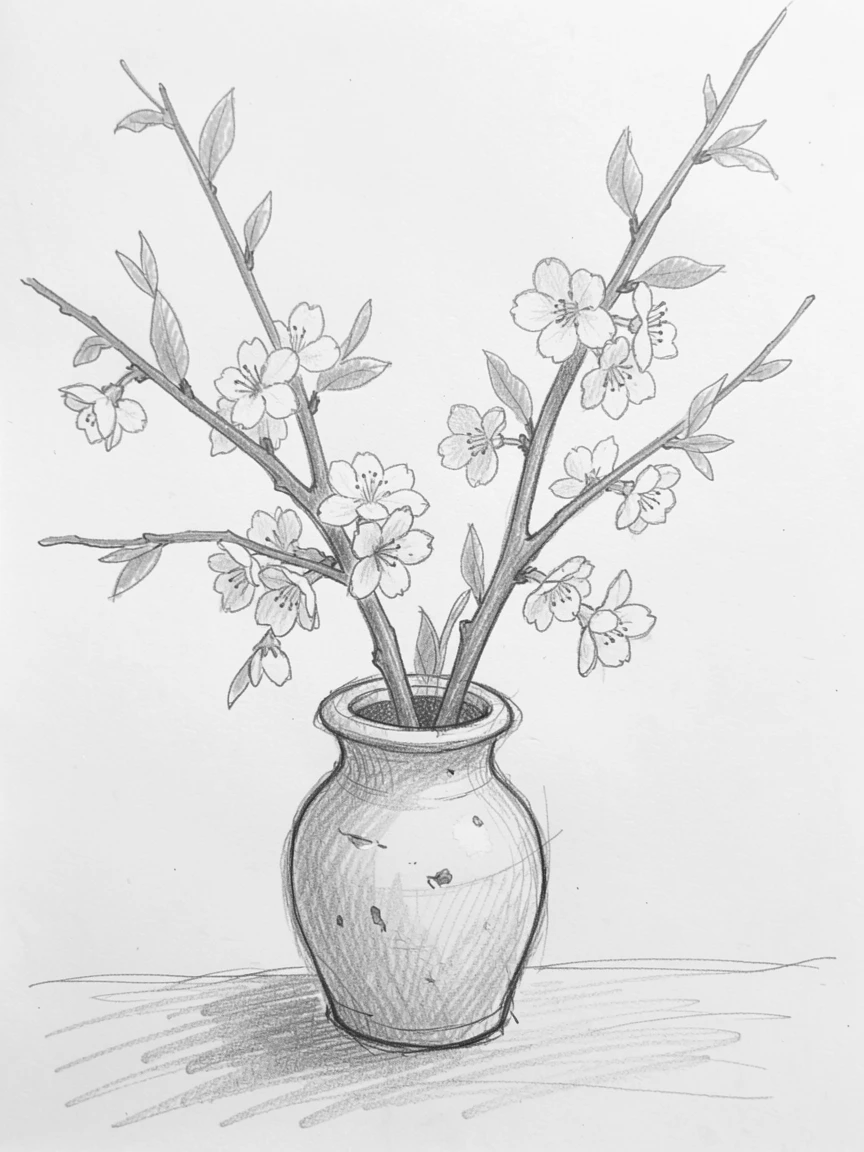 A cherry blossom branch in a rustic ceramic vase, framed by delicate green leaves.