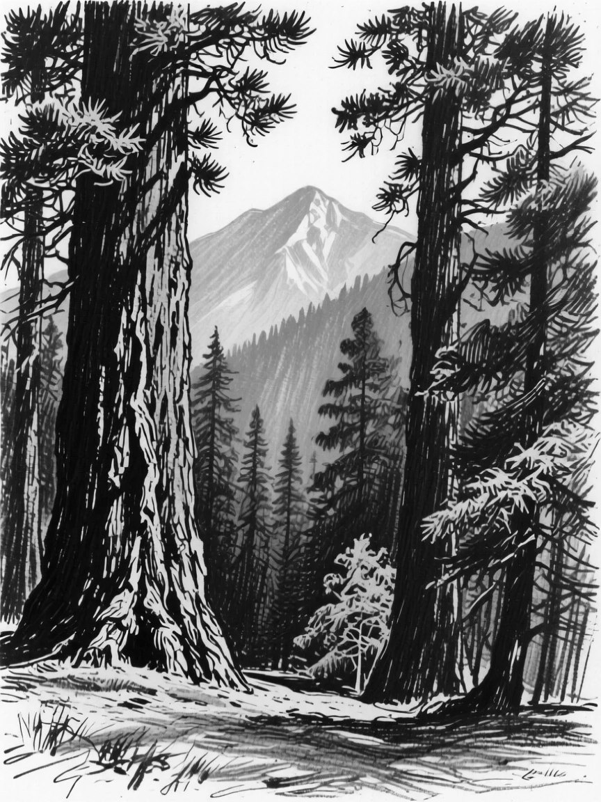 An ancient redwood grove with distant mountains fading into blue haze.
