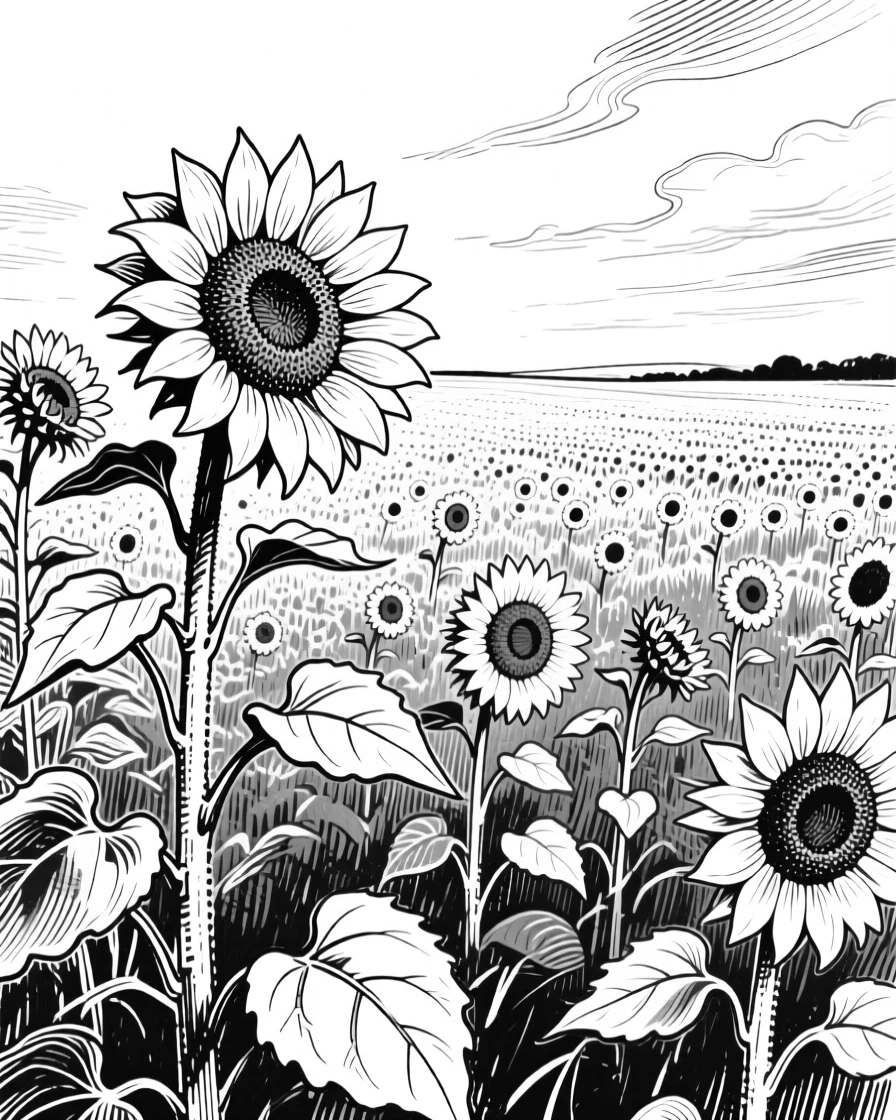 A field of sunflowers stretching toward the horizon under a bright sky.