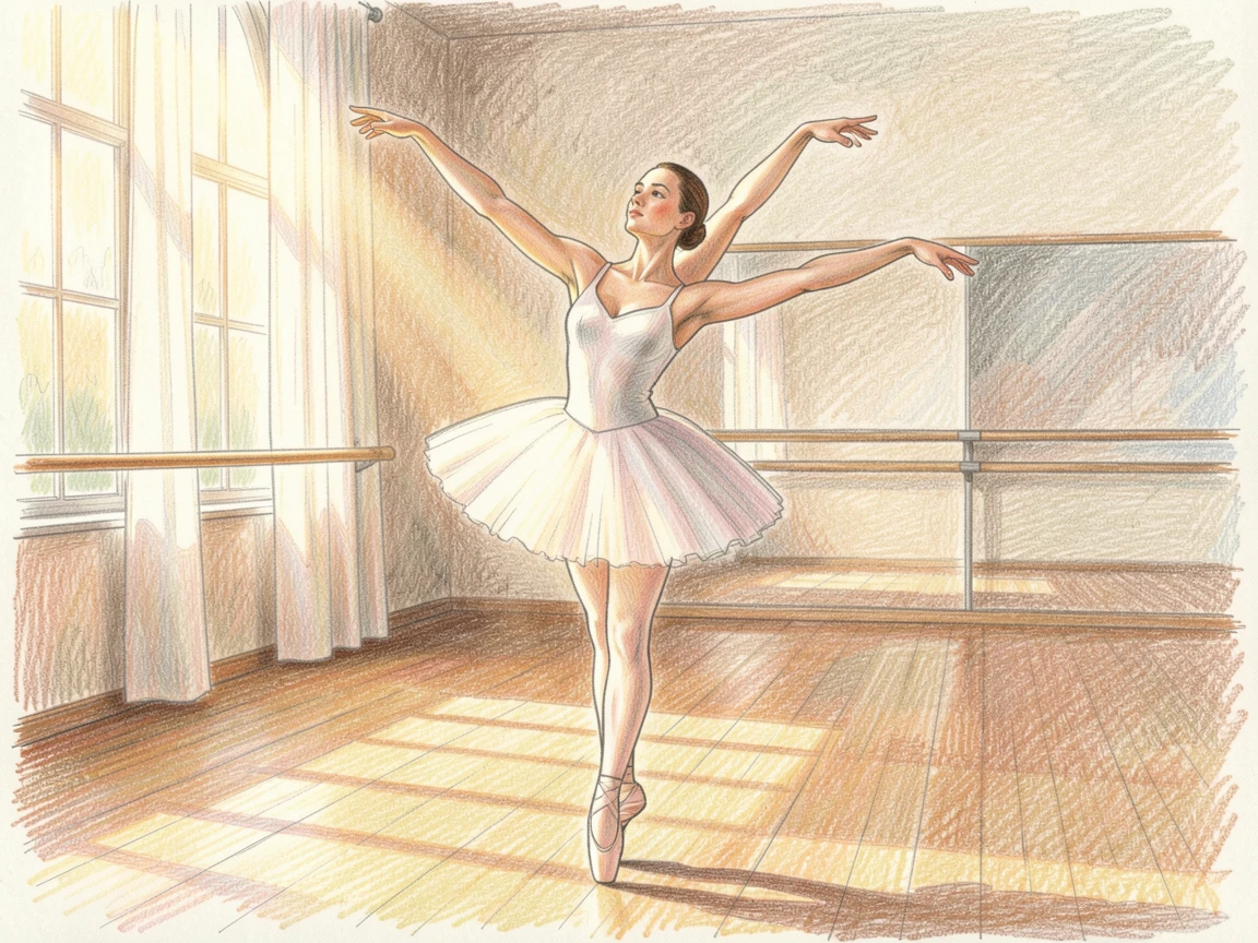 A ballerina stretching gracefully in a sunlit dance studio, set against a softly blurred, atmospheric background, evoking warmth, authenticity, and quiet human connection.