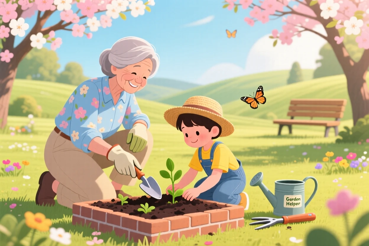 A grandmother teaching her grandchild to garden, in a sunlit park filled with blooming trees, arranged with balanced framing that feels warm and inviting, with a sense of warmth and togetherness in every detail.