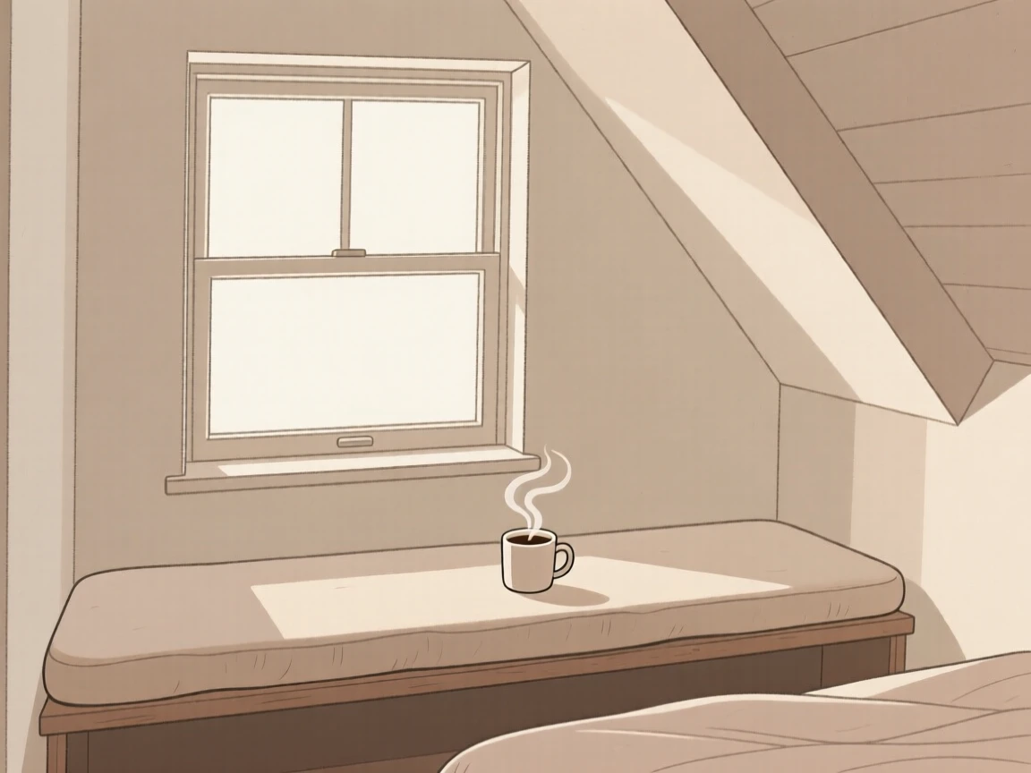 A morning scene of bedroom window seat resting in a cozy attic room beside a steaming mug of coffee, radiating restful ease.