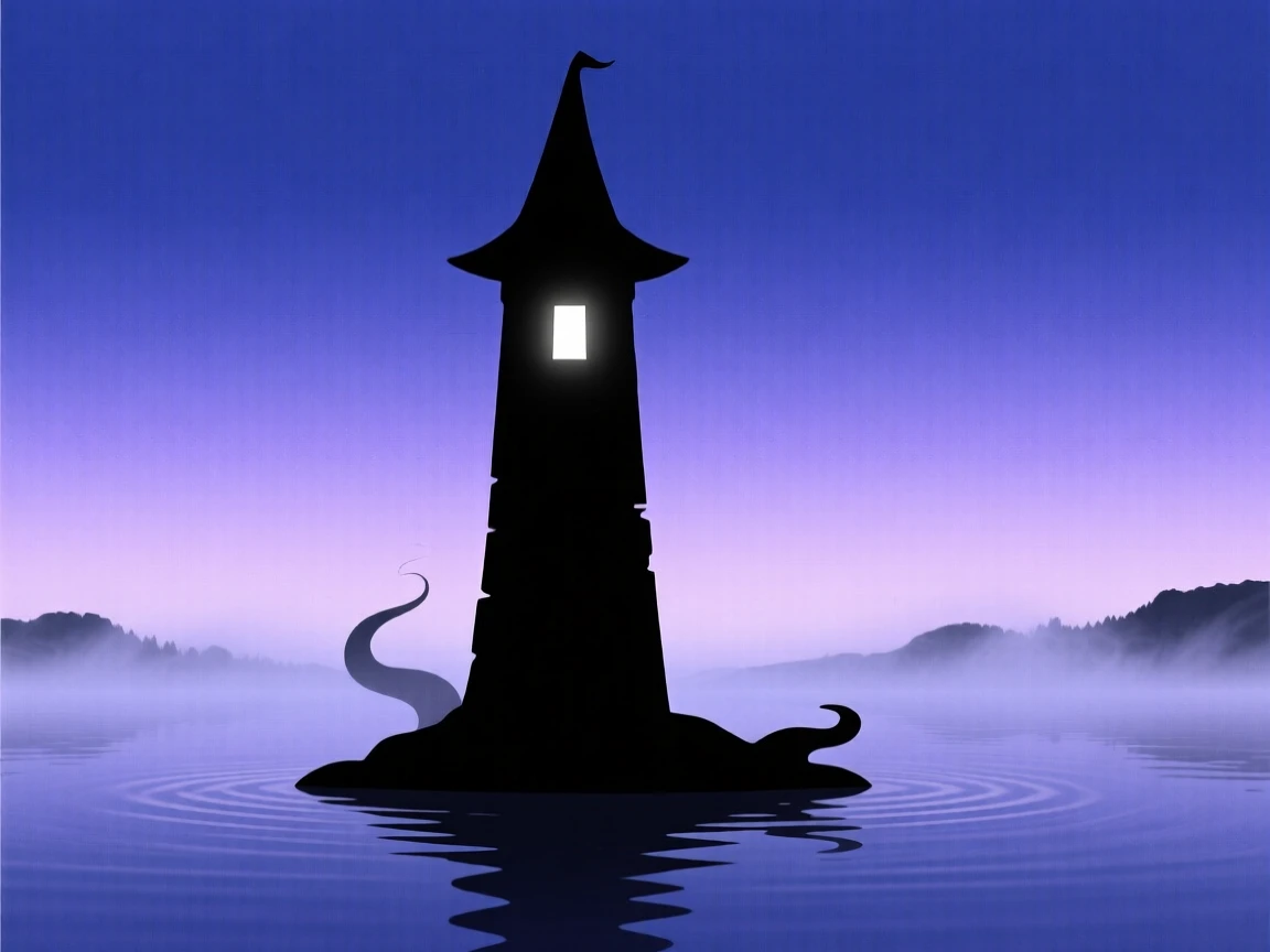 A wizard's tower rising from a misty lake, a single lit window near the top.