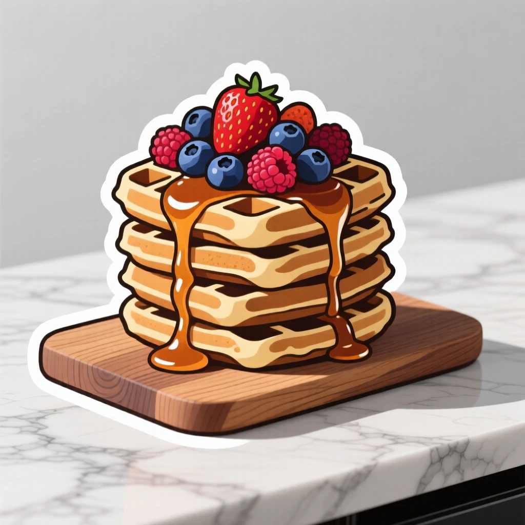 A beautifully garnished stack of waffles with berries and syrup, resting on a rustic wooden board, on a marble countertop with soft shadows.