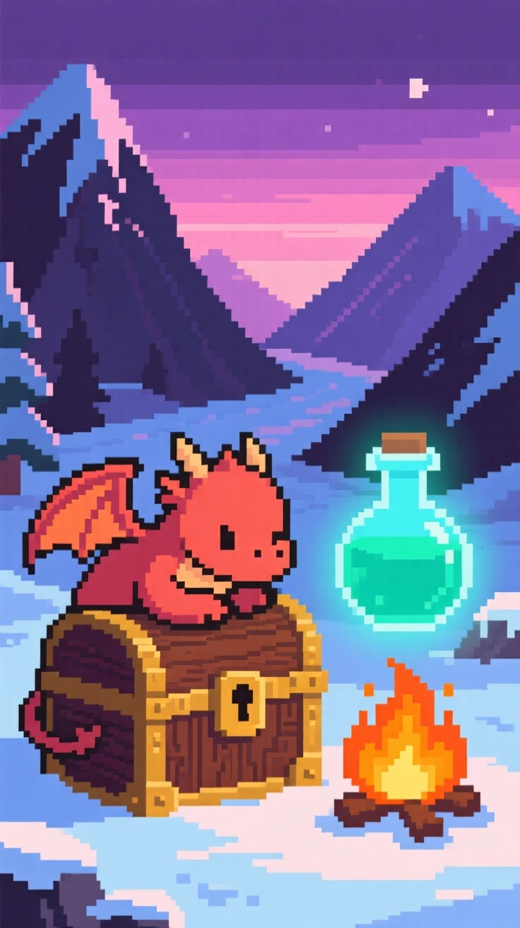 A small dragon curled around a treasure chest brewing a glowing potion over a small fire, in a snowy mountain pass at dusk.