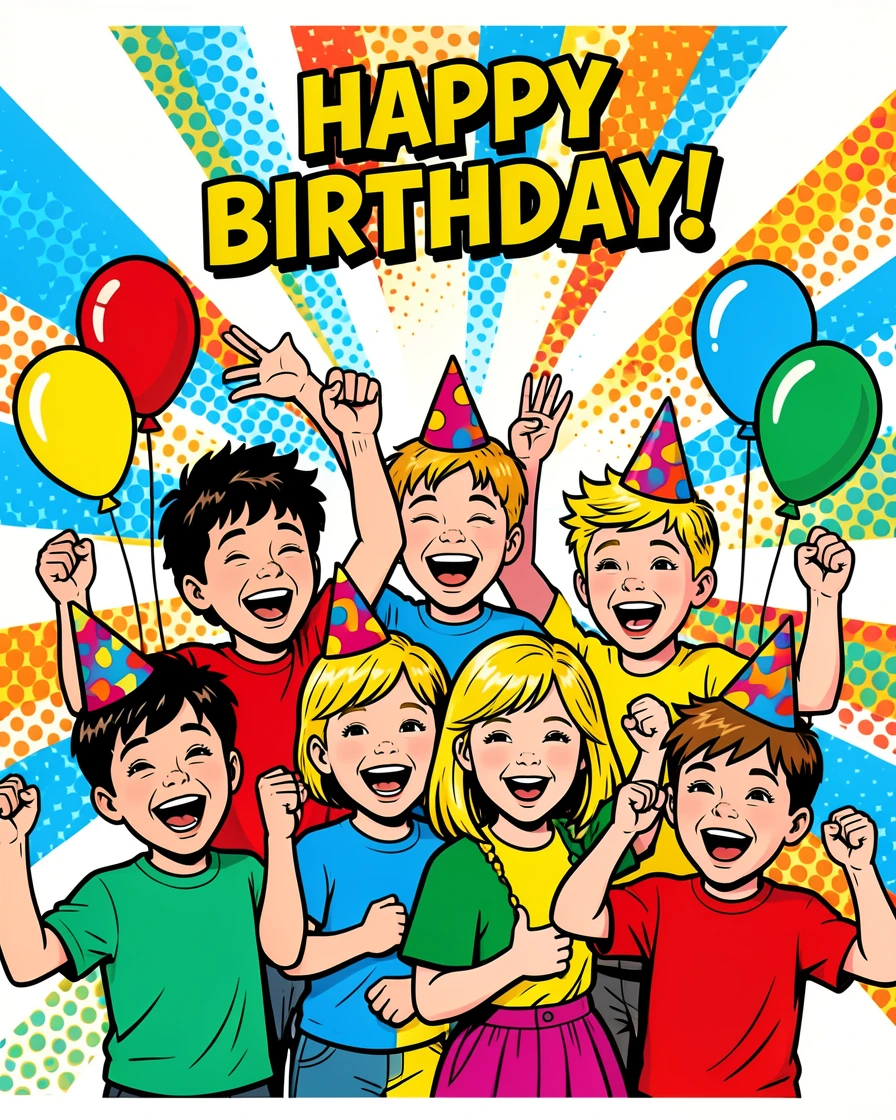 A birthday party with balloons and cheering kids