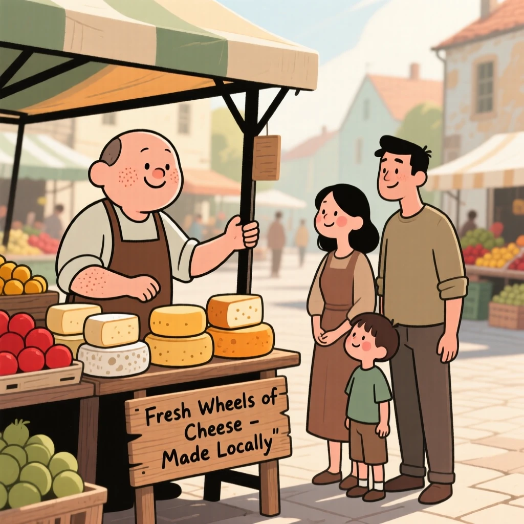 A fruit vendor arranges wheels of cheese at a bustling village square market, greeting a young family with a warm smile in the morning sun.