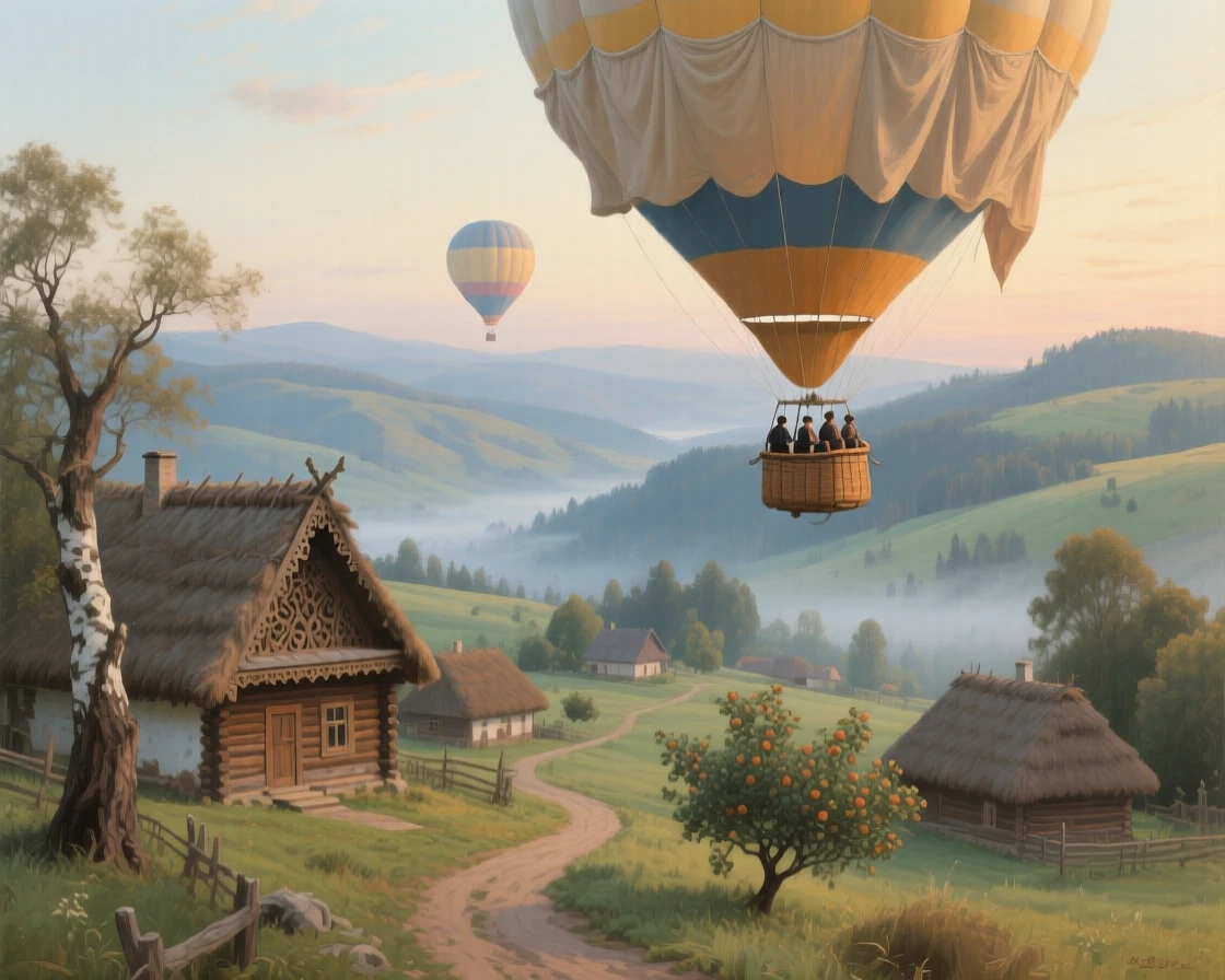 A sweeping wide shot of a hot air balloon expedition drifting over an uncharted valley, in a Ukrainian village, in a light morning mist.