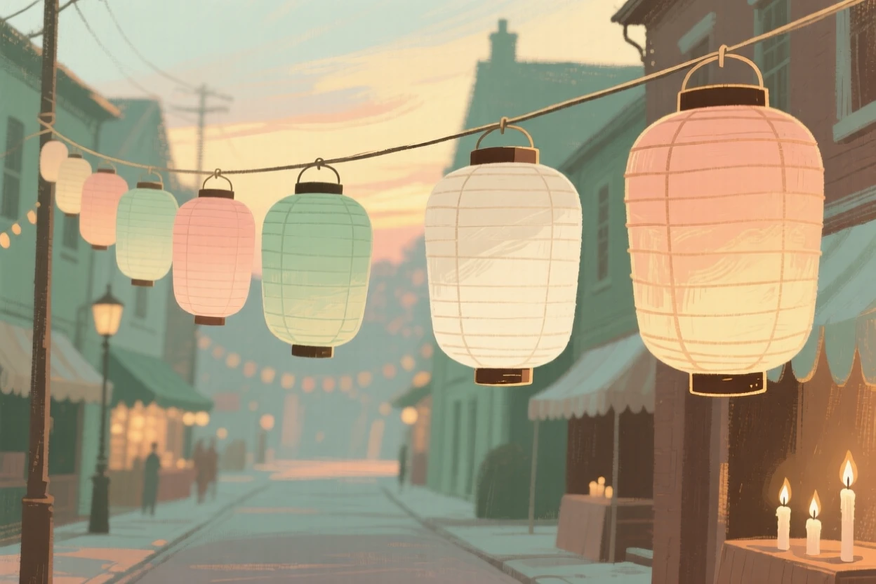A row of paper lanterns strung above a festival street at dusk