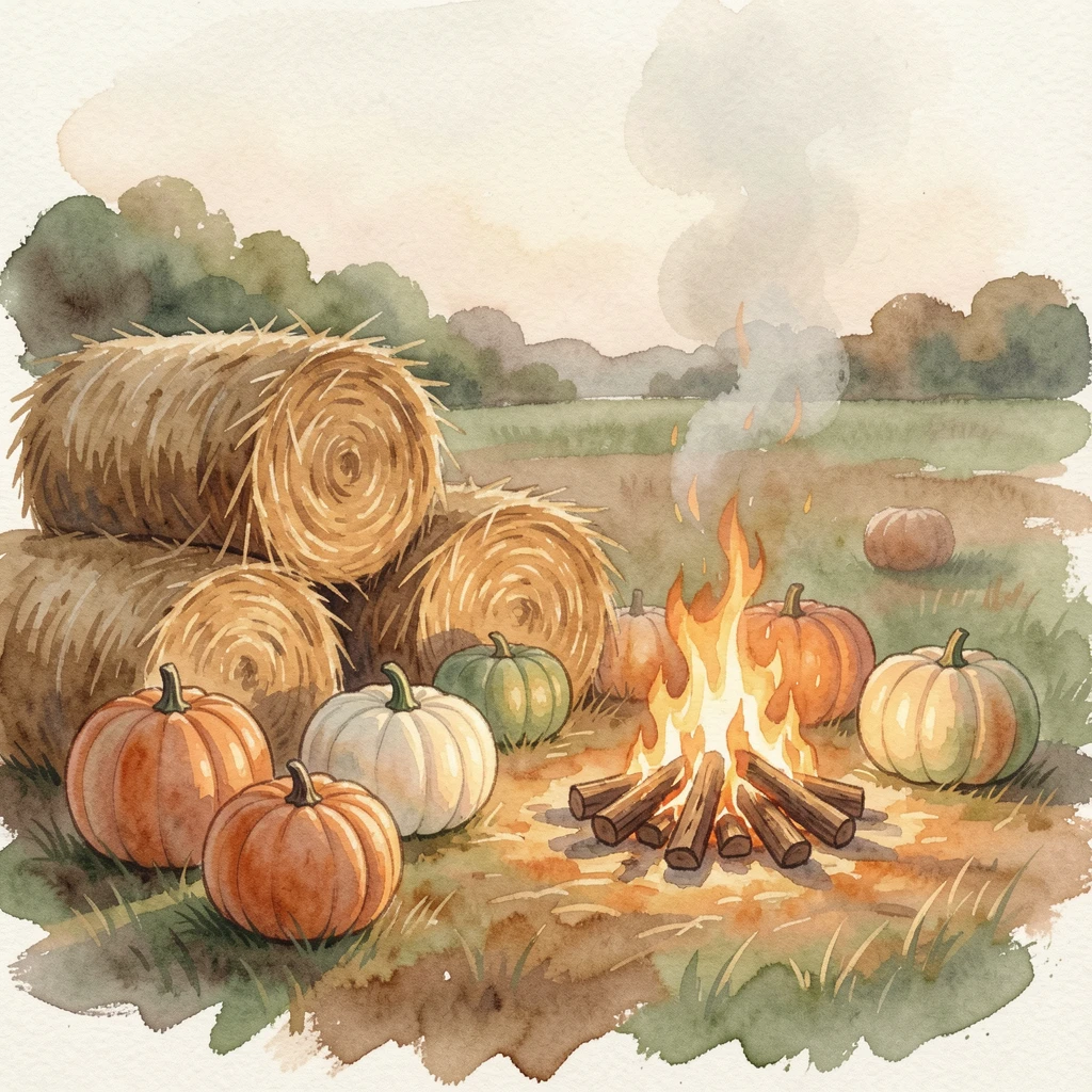 A harvest festival with hay bales and pumpkins with a crackling fire nearby.