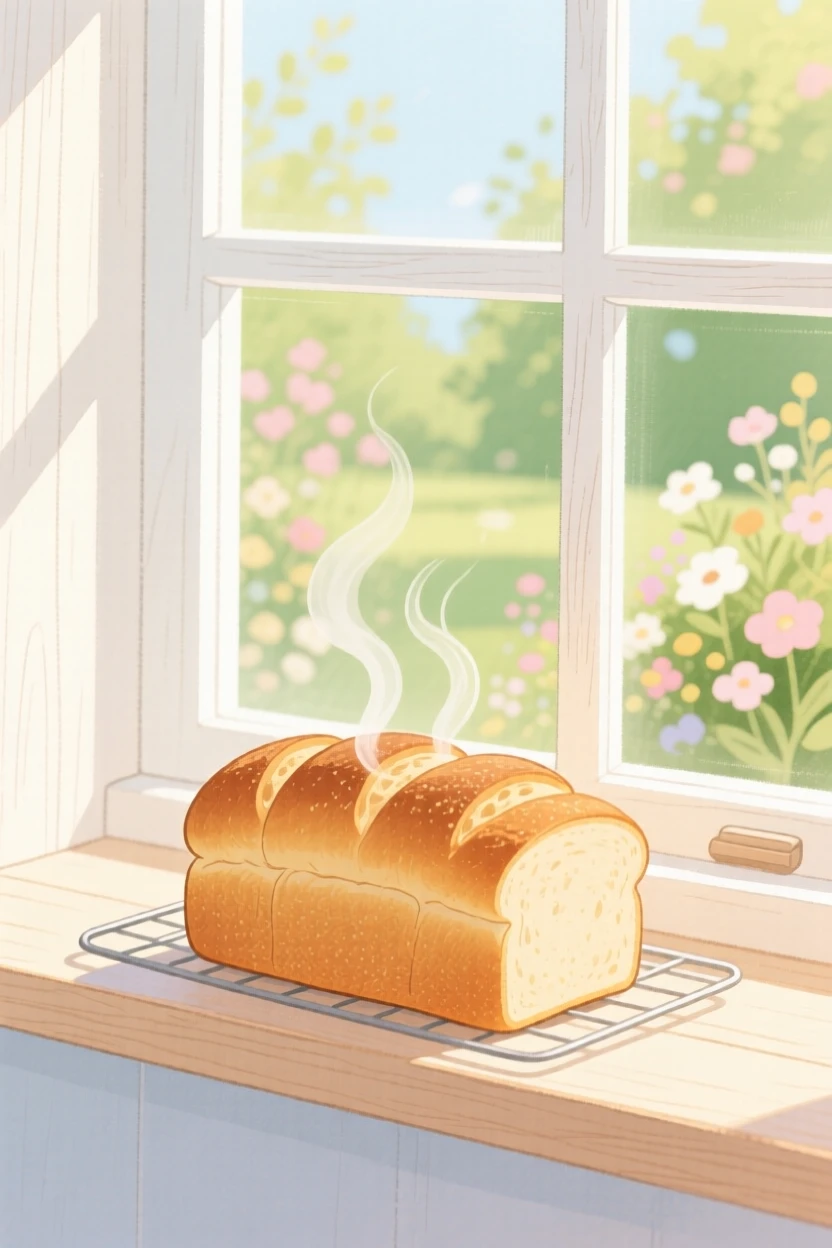 A delightful still life of a fresh loaf of bread cooling on a windowsill.