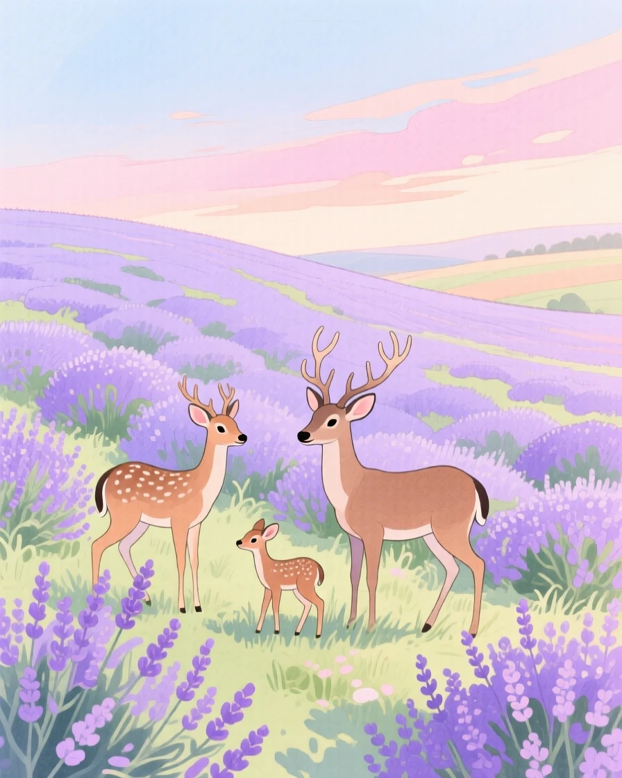 Rolling lavender fields stretching to a pastel horizon, with a family of deer grazing quietly nearby, radiating natural splendor and tranquility.