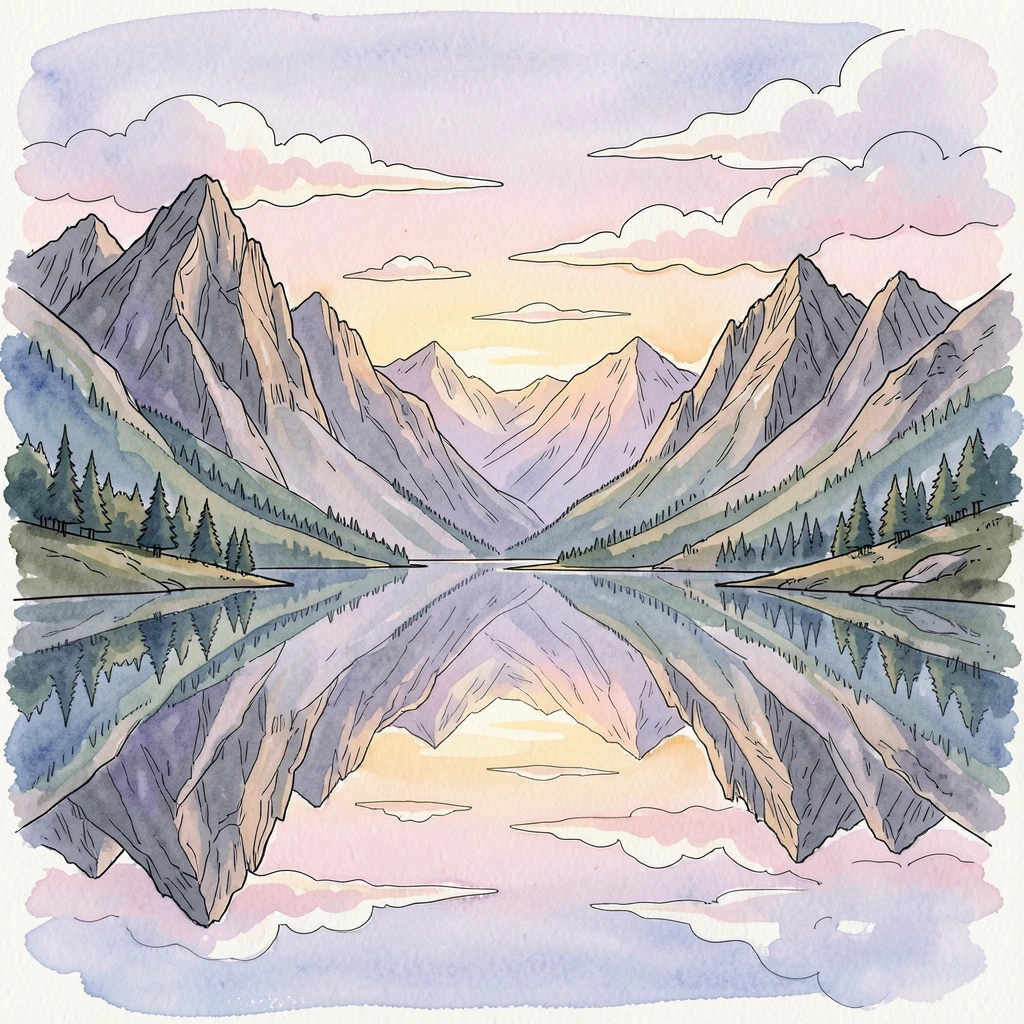 A quiet mountain lake perfectly mirroring the surrounding peaks at dawn, clouds drifting slowly across an otherwise clear sky.
