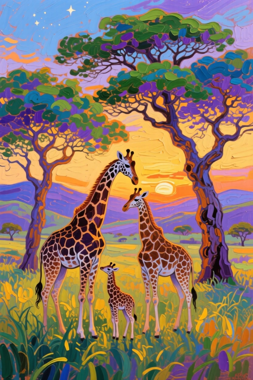 a giraffe family beneath acacia trees, in quiet evening light, with layered visual detail from foreground to horizon.