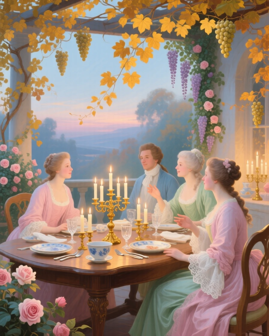 An autumn dinner terrace with candles sheltered beneath grapevines  