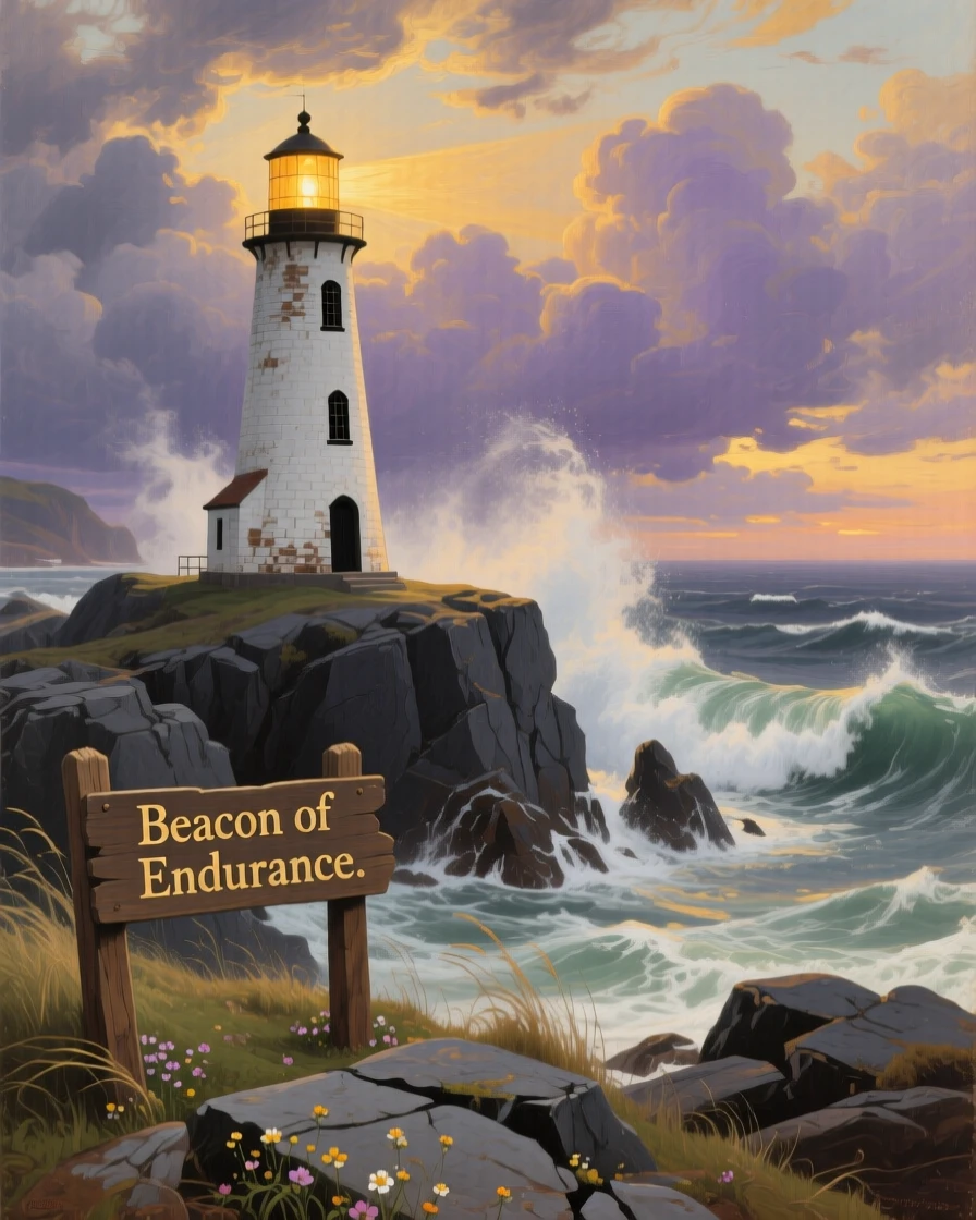 A lighthouse stands firm against crashing waves on a rocky coastline.