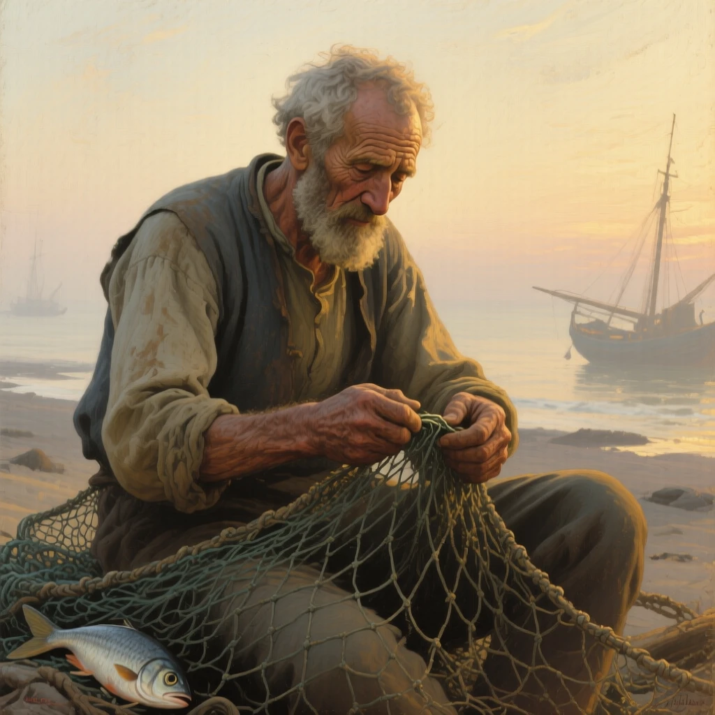 An elderly fisherman with a weathered face and kind eyes mending his nets at dawn, framed closely to draw focus to their heartfelt expression, evoking warmth, empathy, and genuine connection
