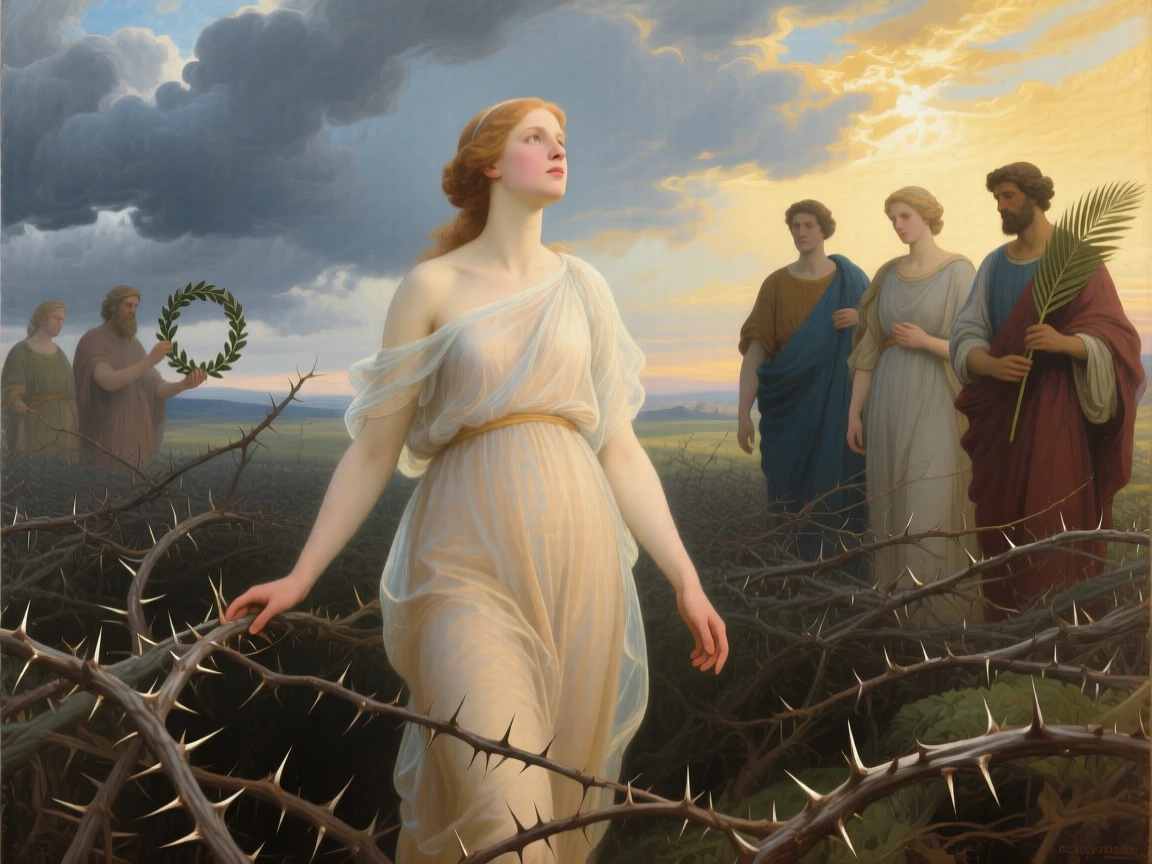 The allegory of Innocence walking untouched through a field of thorns in a gesture that speaks to all of humanity, set beneath a sky divided between storm and radiant light, with allegorical attendants representing virtues gathered nearby; radiating light from the central figure draws every eye inward, filled with quiet reverence for forces greater than ourselves.