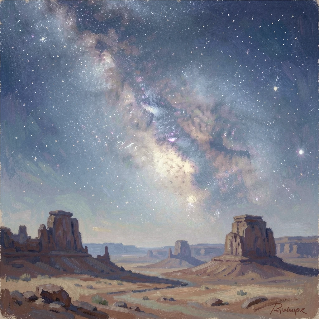A view of the Milky Way stretching over a silent desert landscape with ancient rock formations silhouetted below.